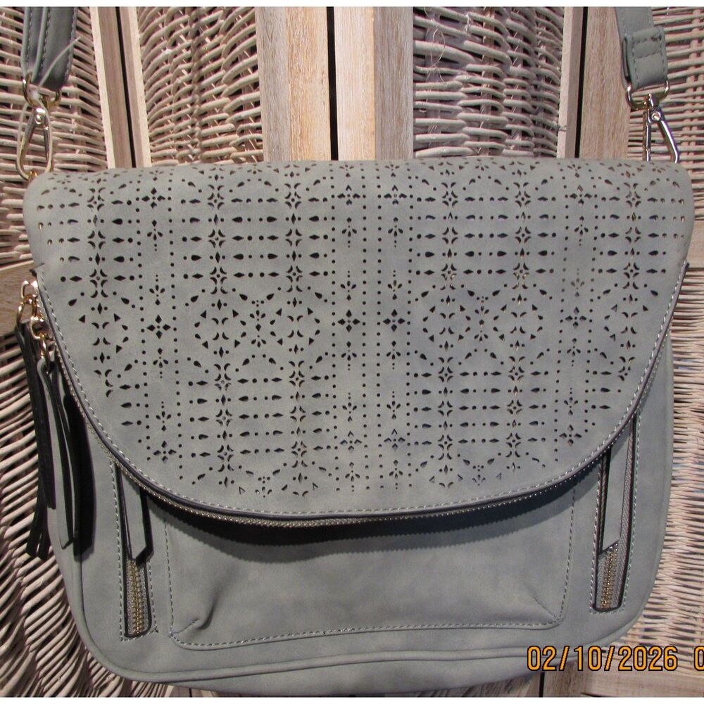 Crossbody shoulder bag purse mint green eyelet pattern zip closure